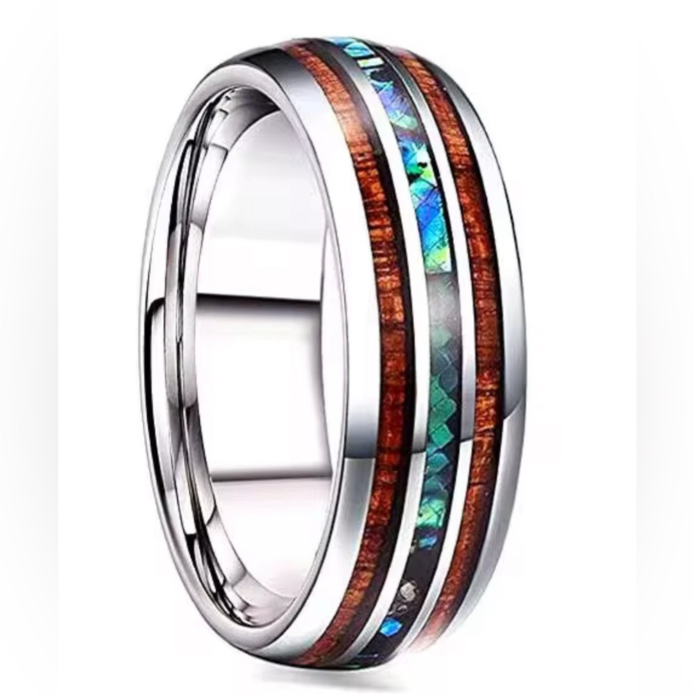 Hawaiian 8MM Wood Ring Blue Vintage Opal Stone Double Abalone Shell Inlay